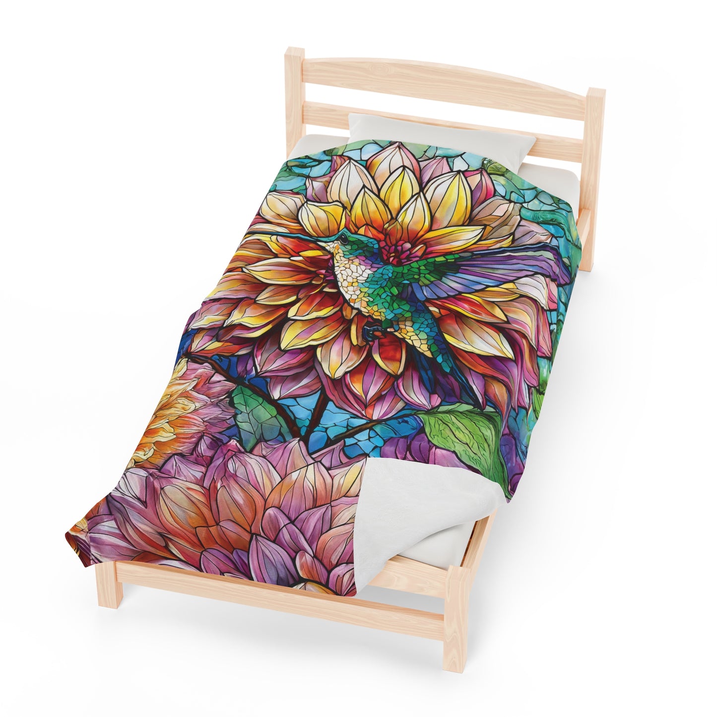 Hummingbird Dahlia Floral Soft Plush Blanket Gift for Gardner Nature Bird Lover Velveteen Plush Garden Blanket