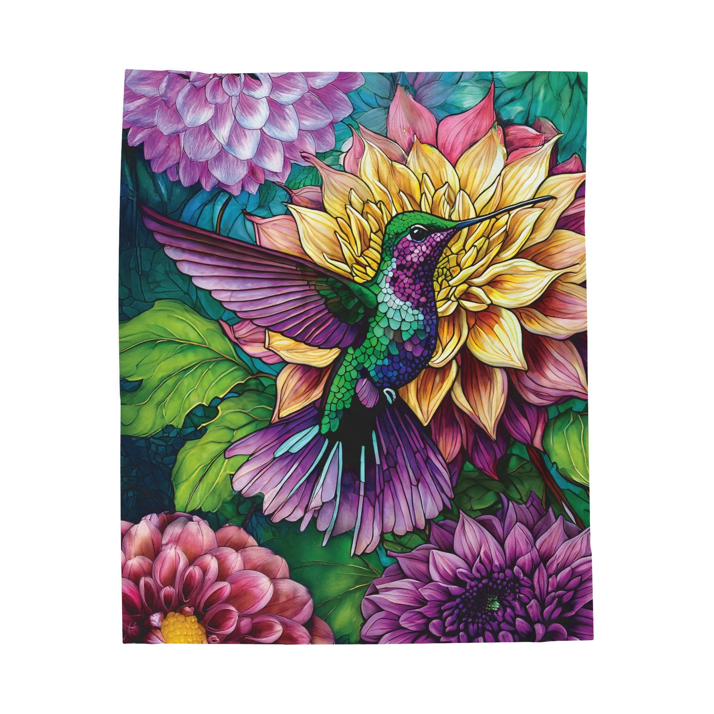 Vibrant Floral Design with Hummingbird and Dahlia Perfect Gift for Gardeners and Nature Lovers Plush Blanket