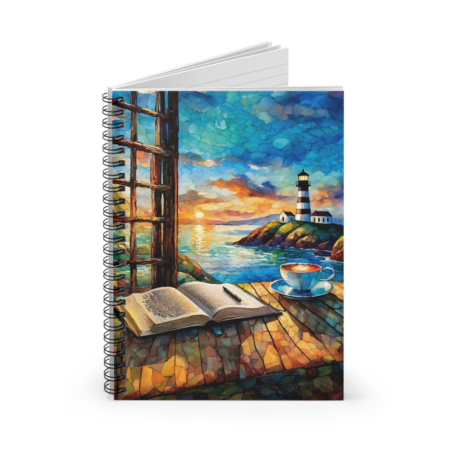 Nautical Spiral Journal Ruled Line Beach View Lighthouse Notebook Writers Gift Coffee Lover Diary Travel Journal Ocean Theme Planner