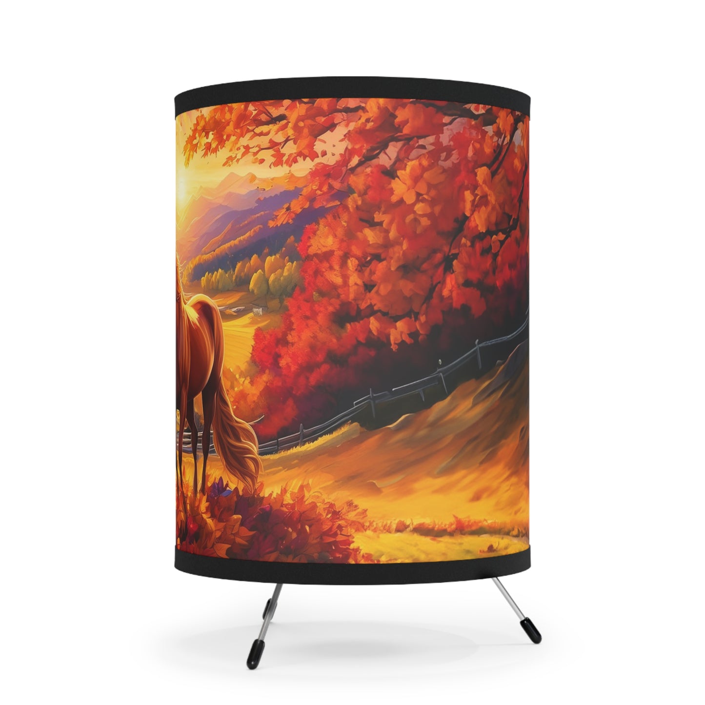 Fall Horse Sunset Tripod Lamp with High-Res Printed Shade, US\CA plug