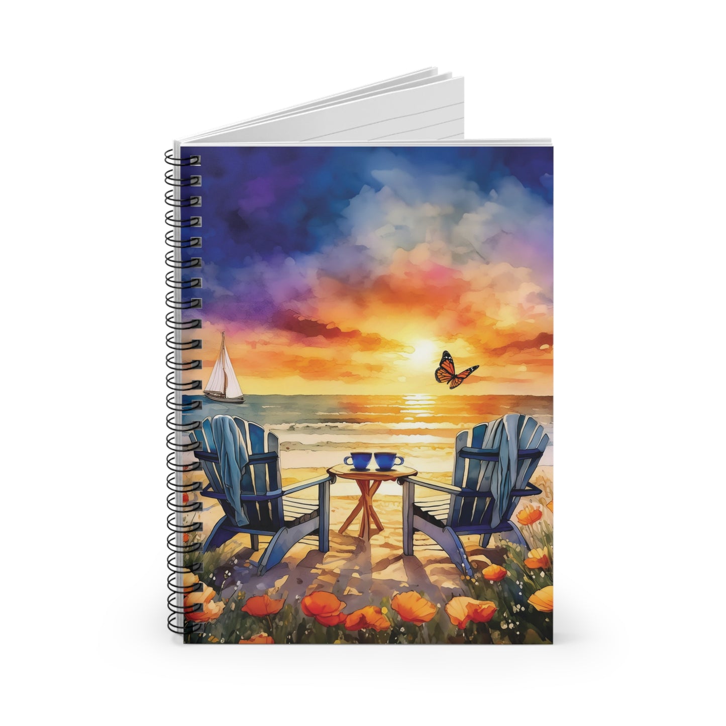 Beach Sunset Spiral Notebook Ruled Line Journal Sketchbook Planner Diary Adirondack Chairs Coffee Cups