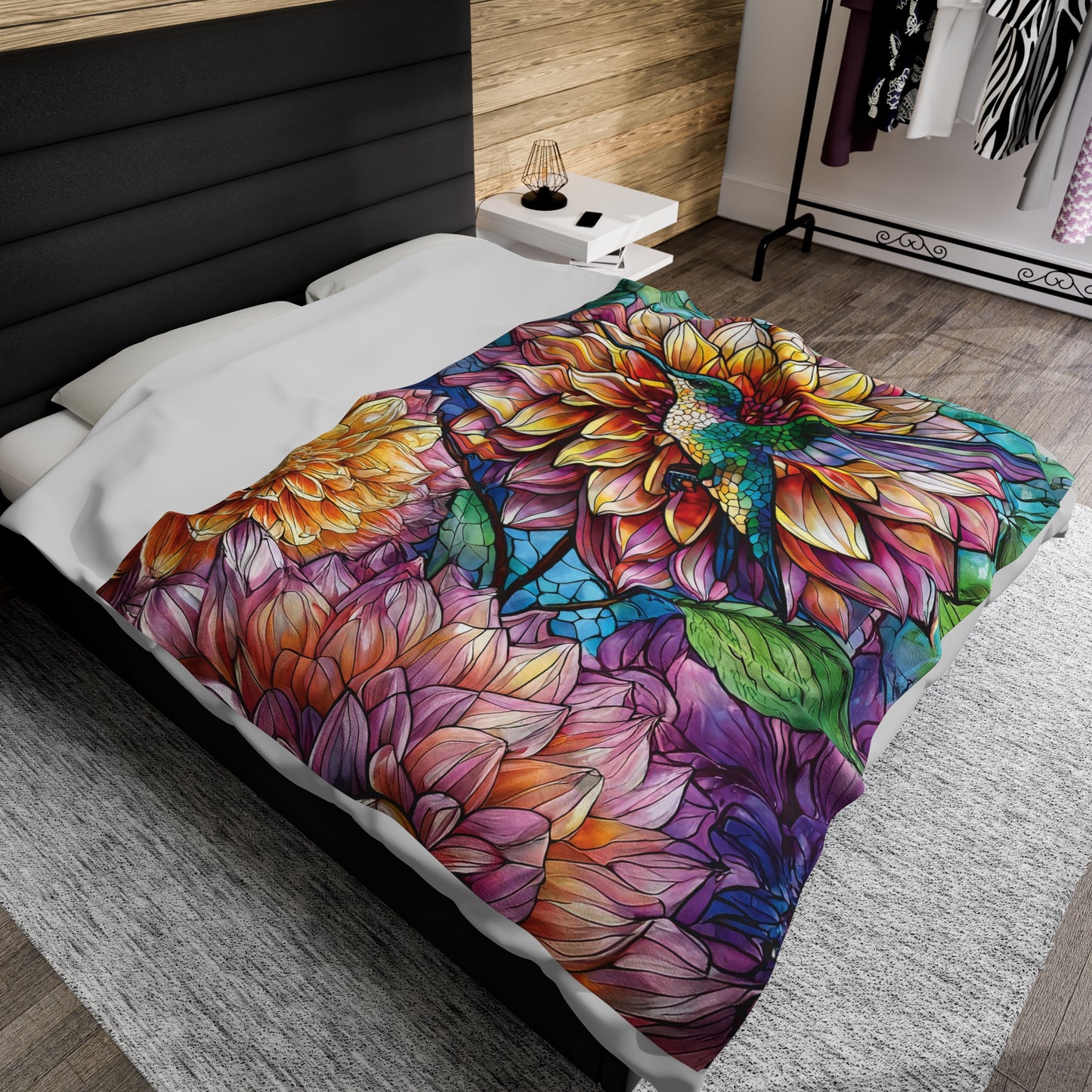Hummingbird Dahlia Floral Soft Plush Blanket Gift for Gardner Nature Bird Lover Velveteen Plush Garden Blanket