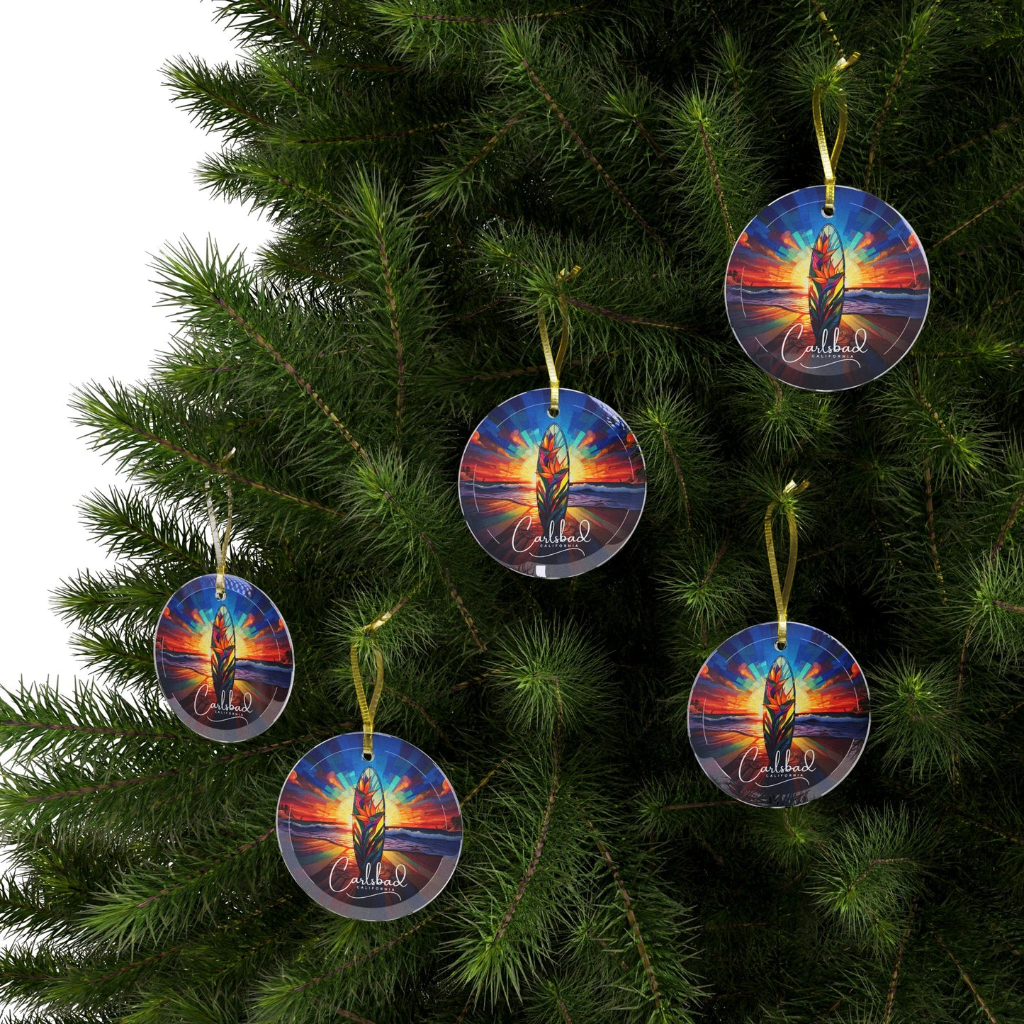 Carlsbad California Surfboard Beach Light Catcher Glass Ornaments