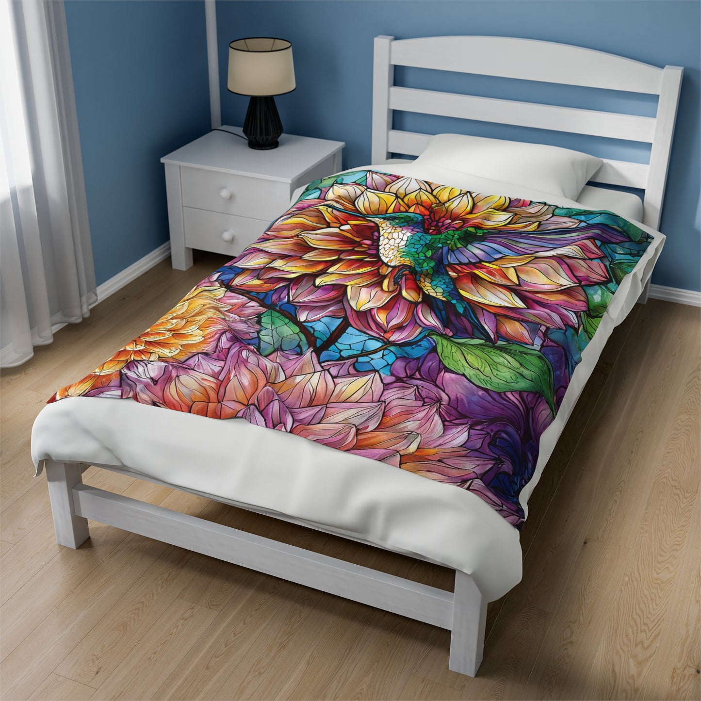 Hummingbird Dahlia Floral Soft Plush Blanket Gift for Gardner Nature Bird Lover Velveteen Plush Garden Blanket