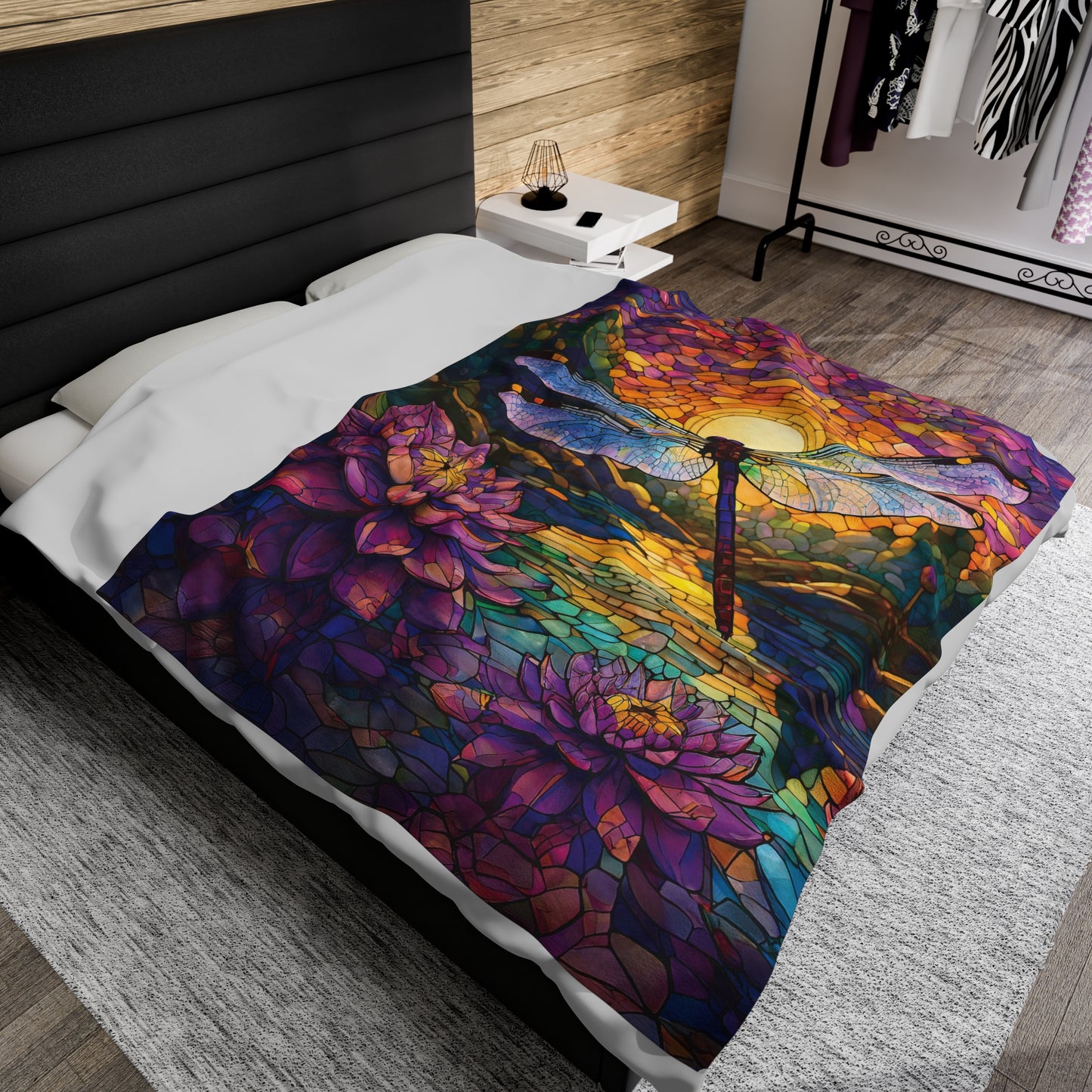 Lavender Dragonfly Gardener Gift Stained Glass Nature Lover Throw Soft Cozy Garden Themed Bedding Plush Soft Blanket Gift for Friend