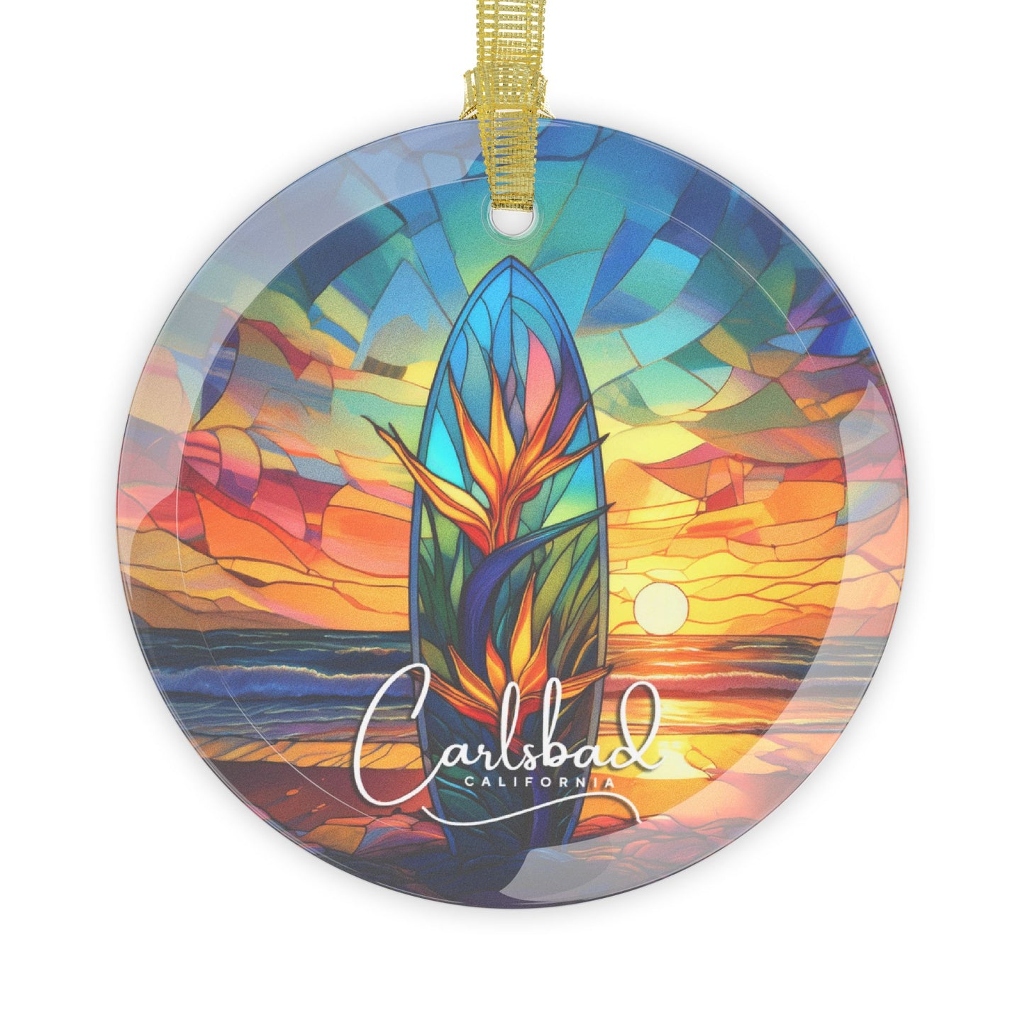 Beveled Glass Surfboard Ornament | Stained Glass Sunset Beach Scene in Carlsbad | Perfect Gift for Beach Lovers Light Catcher