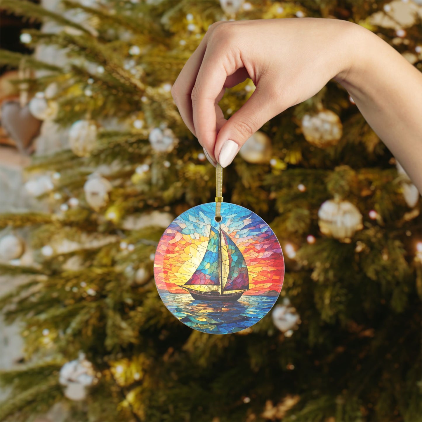 Stained Glass Sailboat Beveled Glass Ornament Sailing into Vibrant Sunset Ocean-Inspired Gift for Beach Lovers and Sailors Light Catcher