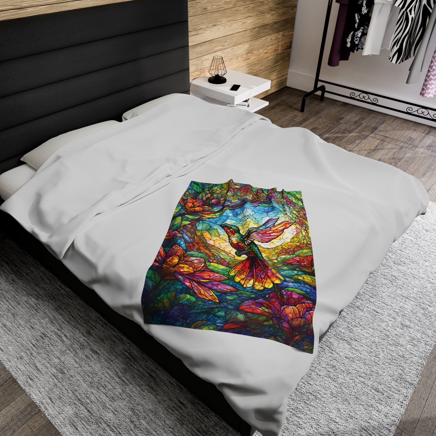 Stained Glass Hummingbird Velveteen Plush Blanket