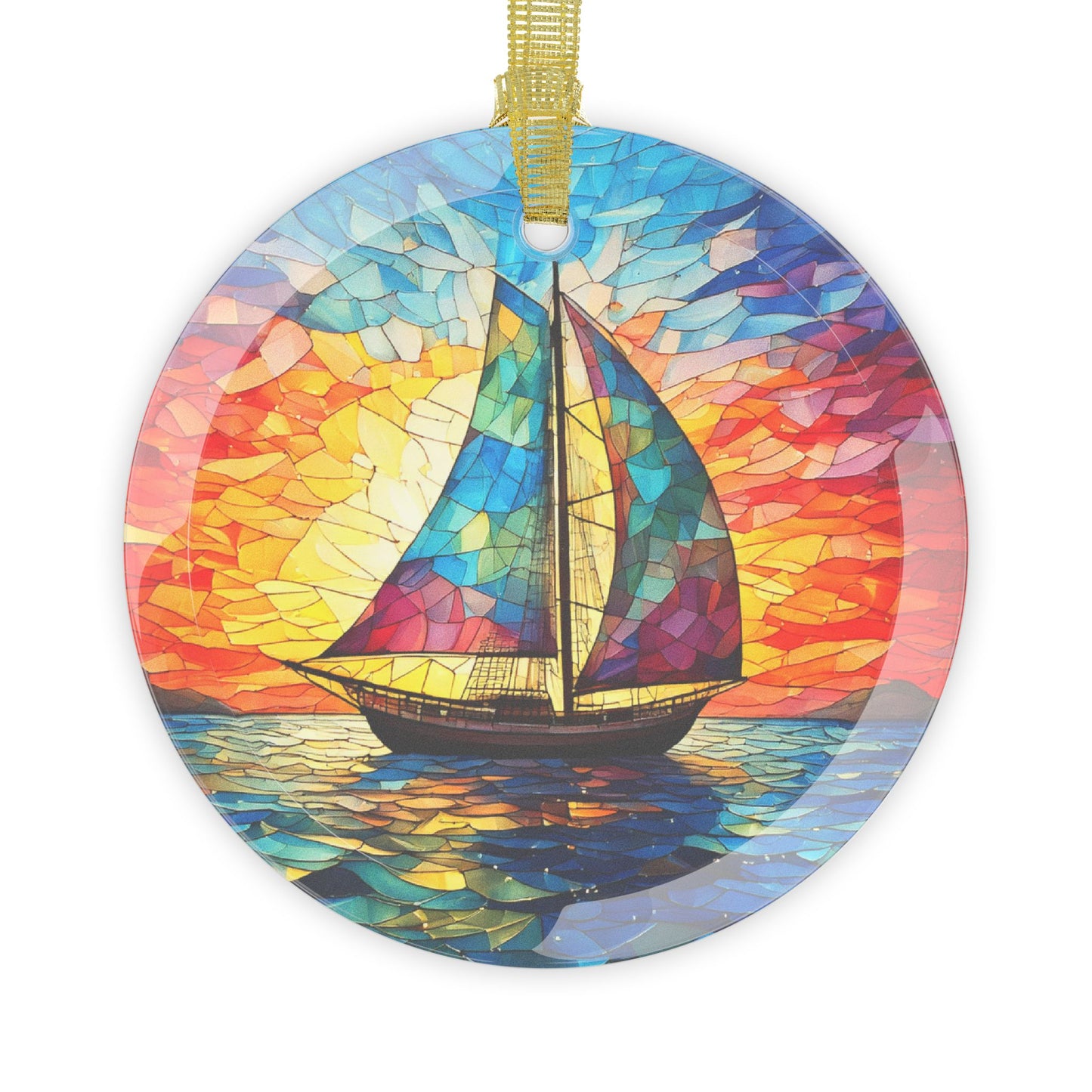 Stained Glass Sailboat Beveled Glass Ornament Sailing into Vibrant Sunset Ocean-Inspired Gift for Beach Lovers and Sailors Light Catcher
