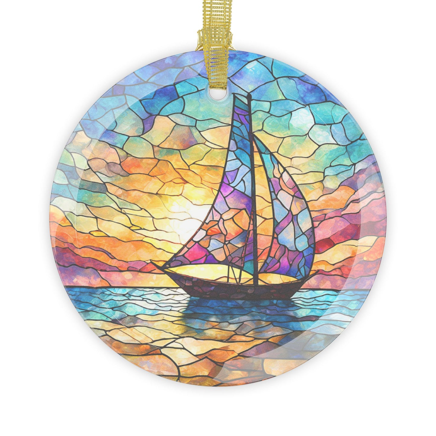 Beveled Glass Ornament Stained Glass Sailboat Sailing into Vibrant Sunset Ocean-Inspired Gift for Beach Lovers and Sailors Light Catcher