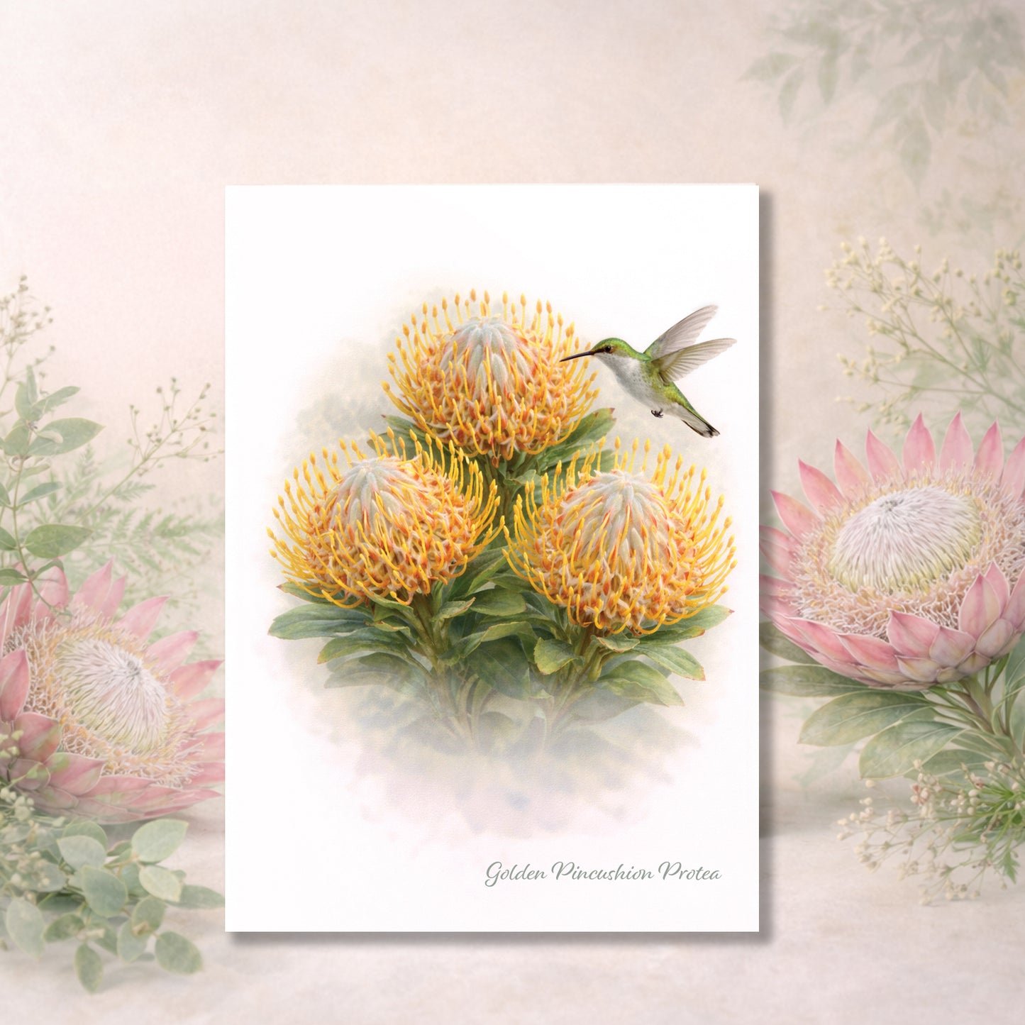 Golden Pincushion Protea Trio Greeting Card