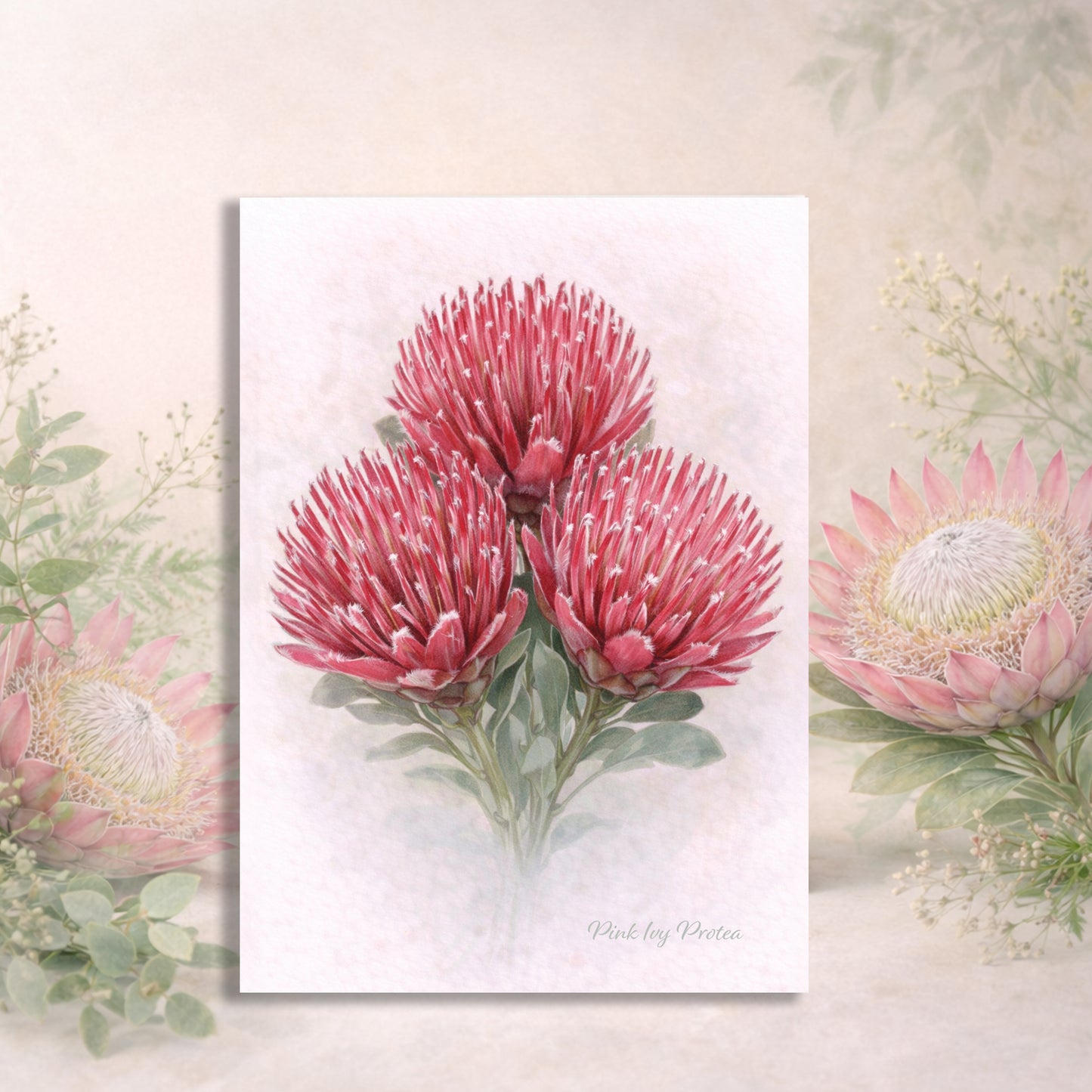 Pink Ivy Protea Greeting Card