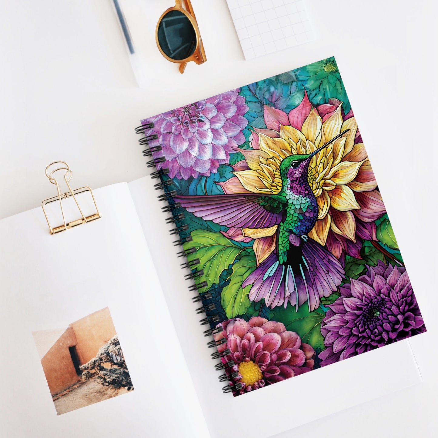 Beautiful Colorful Hummingbird Spiral Notebook Ruled Line Journal Gift for Writers Hummingbird Lovers Gift Dahlia Floral Journal