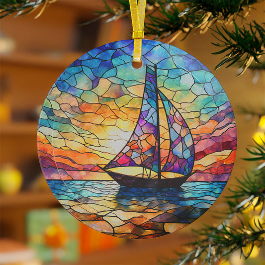 Beveled Glass Ornament Stained Glass Sailboat Sailing into Vibrant Sunset Ocean-Inspired Gift for Beach Lovers and Sailors Light Catcher