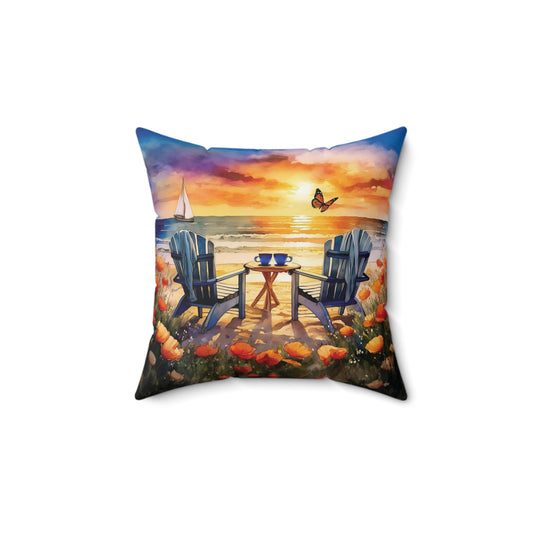 Beach and Mountain Sunrise Sunset Spun Polyester Square Accent Pillow