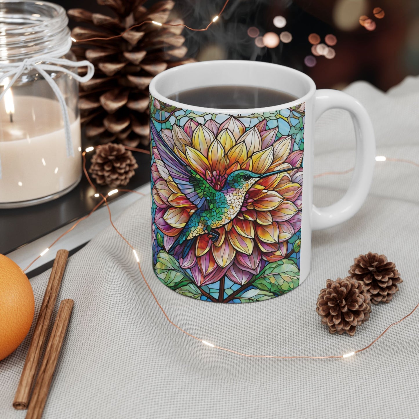 Dahlia Hummingbird Ceramic Mug, (11oz, 15oz)