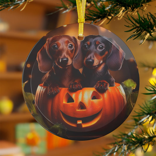 Beveled Glass Ornament Light Catcher Two Adorable Dachshunds Sitting in a Pumpkin Perfect Fall Decor Gift for Doxie Lovers