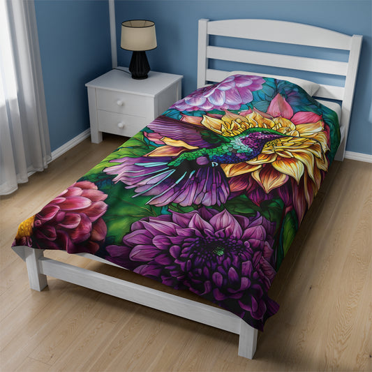 Vibrant Floral Design with Hummingbird and Dahlia Perfect Gift for Gardeners and Nature Lovers Plush Blanket