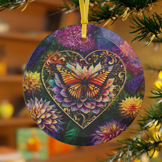 Beveled Glass Ornament Light Catcher Heart with Monarch Butterfly and Dahlia Garden Vibrant Gift for Butterfly and Garden Lovers