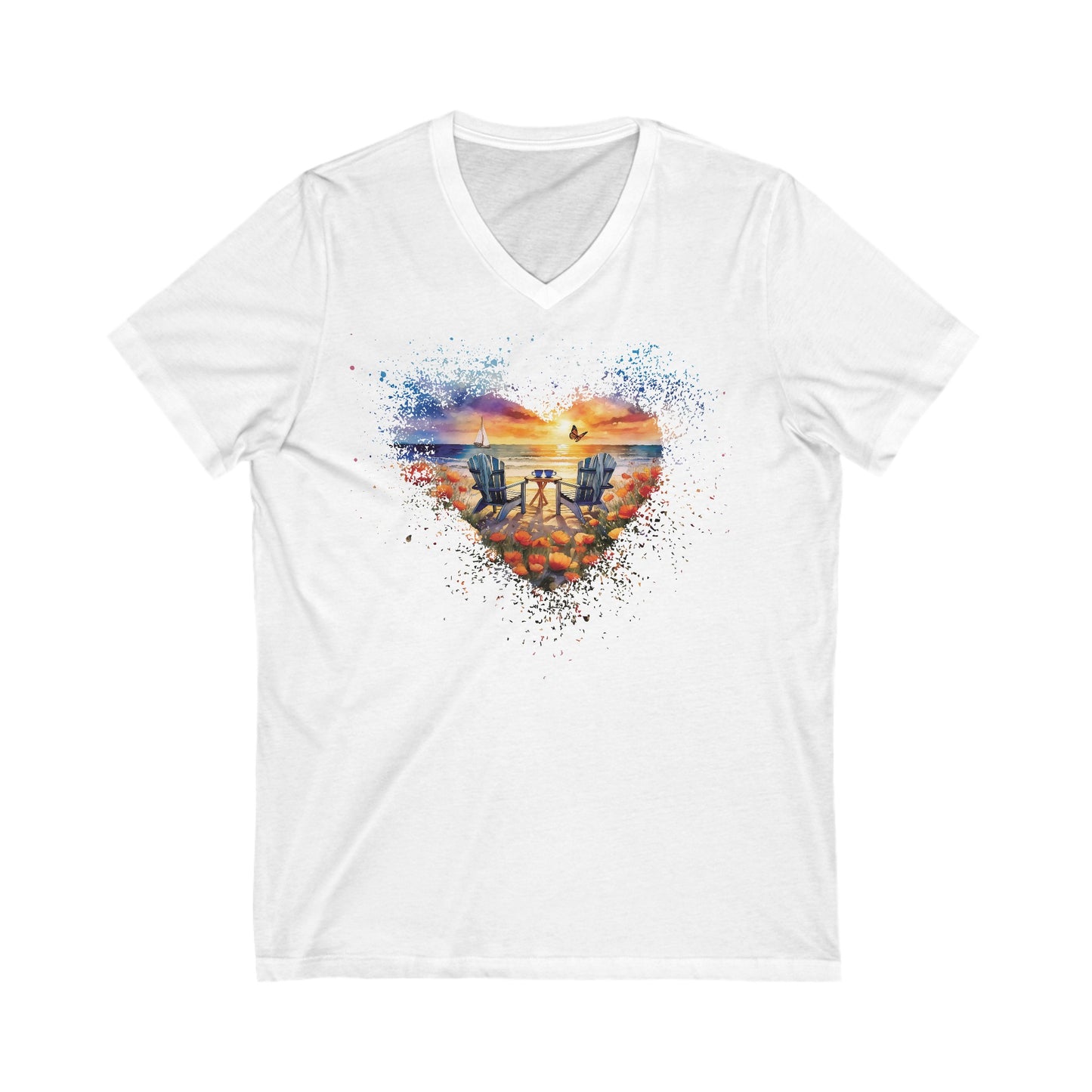 Beach Sunset Delight Tshirt Beach Lovers Butterfly Shirt Unisex Jersey Short Sleeve V-Neck Tee