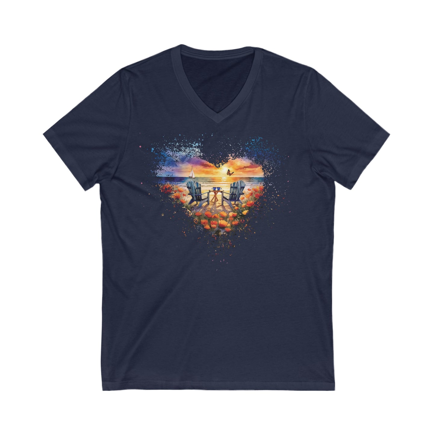 Beach Sunset Delight Tshirt Beach Lovers Butterfly Shirt Unisex Jersey Short Sleeve V-Neck Tee