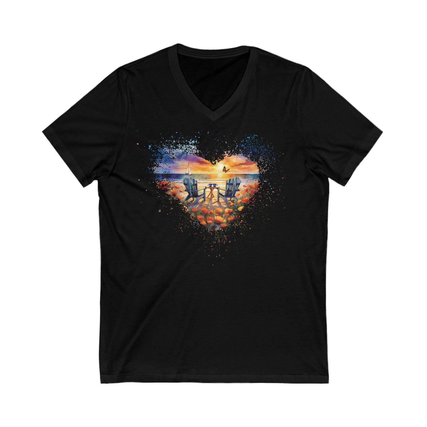 Beach Sunset Delight Tshirt Beach Lovers Butterfly Shirt Unisex Jersey Short Sleeve V-Neck Tee