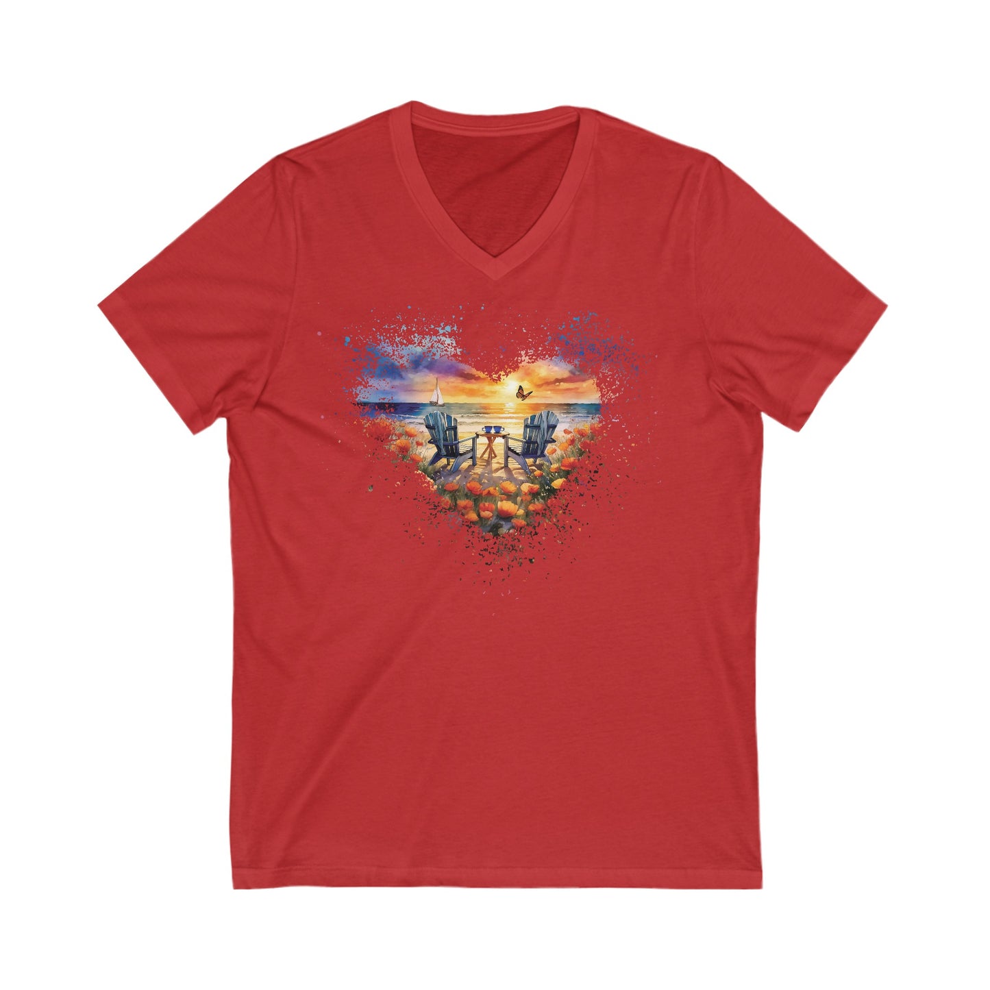 Beach Sunset Delight Tshirt Beach Lovers Butterfly Shirt Unisex Jersey Short Sleeve V-Neck Tee