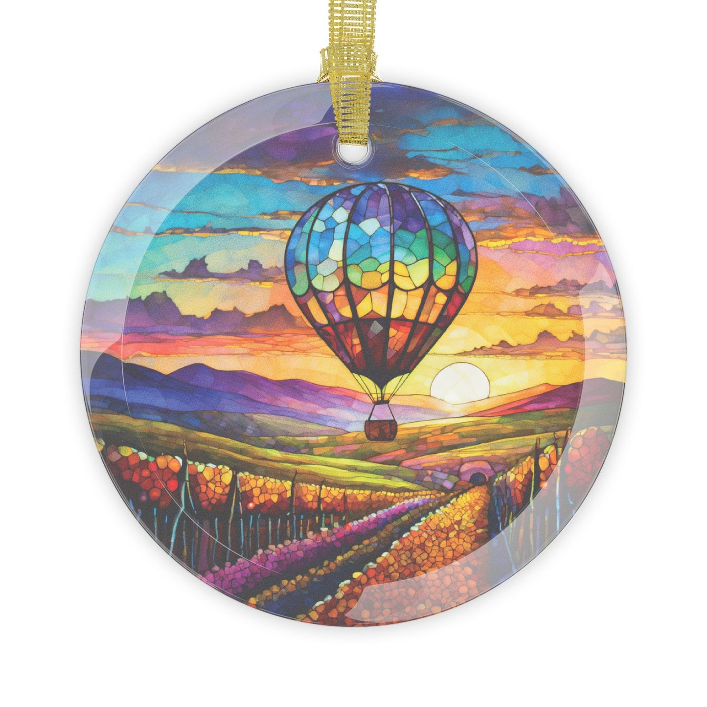 Hot Air Balloon Flying Over Wine Country Beveled Glass Ornament Light Catcher Perfect Gift for Adventurers and Wine Enthusiasts