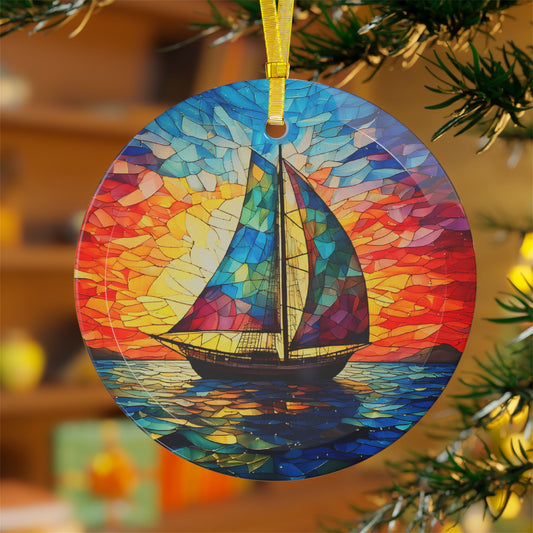 Stained Glass Sailboat Beveled Glass Ornament Sailing into Vibrant Sunset Ocean-Inspired Gift for Beach Lovers and Sailors Light Catcher