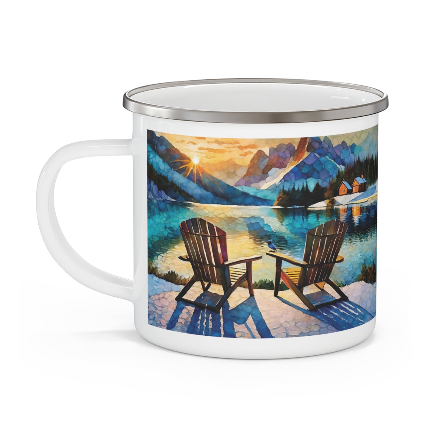 Lake Cabin Sunset Enamel Camping Mug