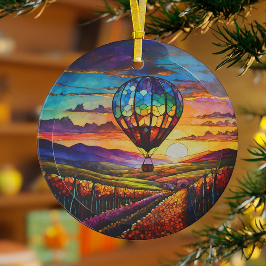 Hot Air Balloon Flying Over Wine Country Beveled Glass Ornament Light Catcher Perfect Gift for Adventurers and Wine Enthusiasts