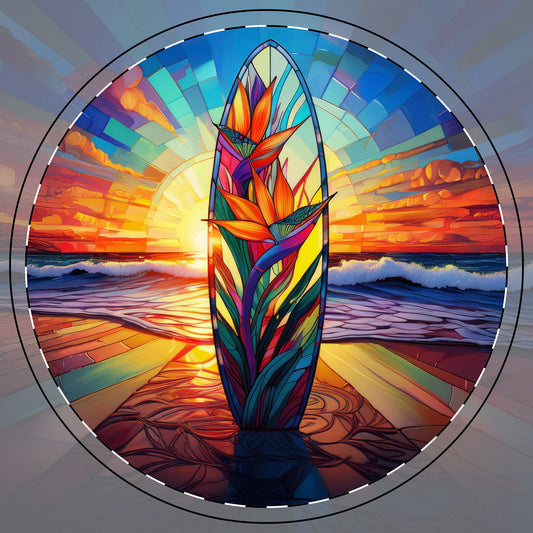 Stained Glass Surfboard Sunset Ceramic Coaster