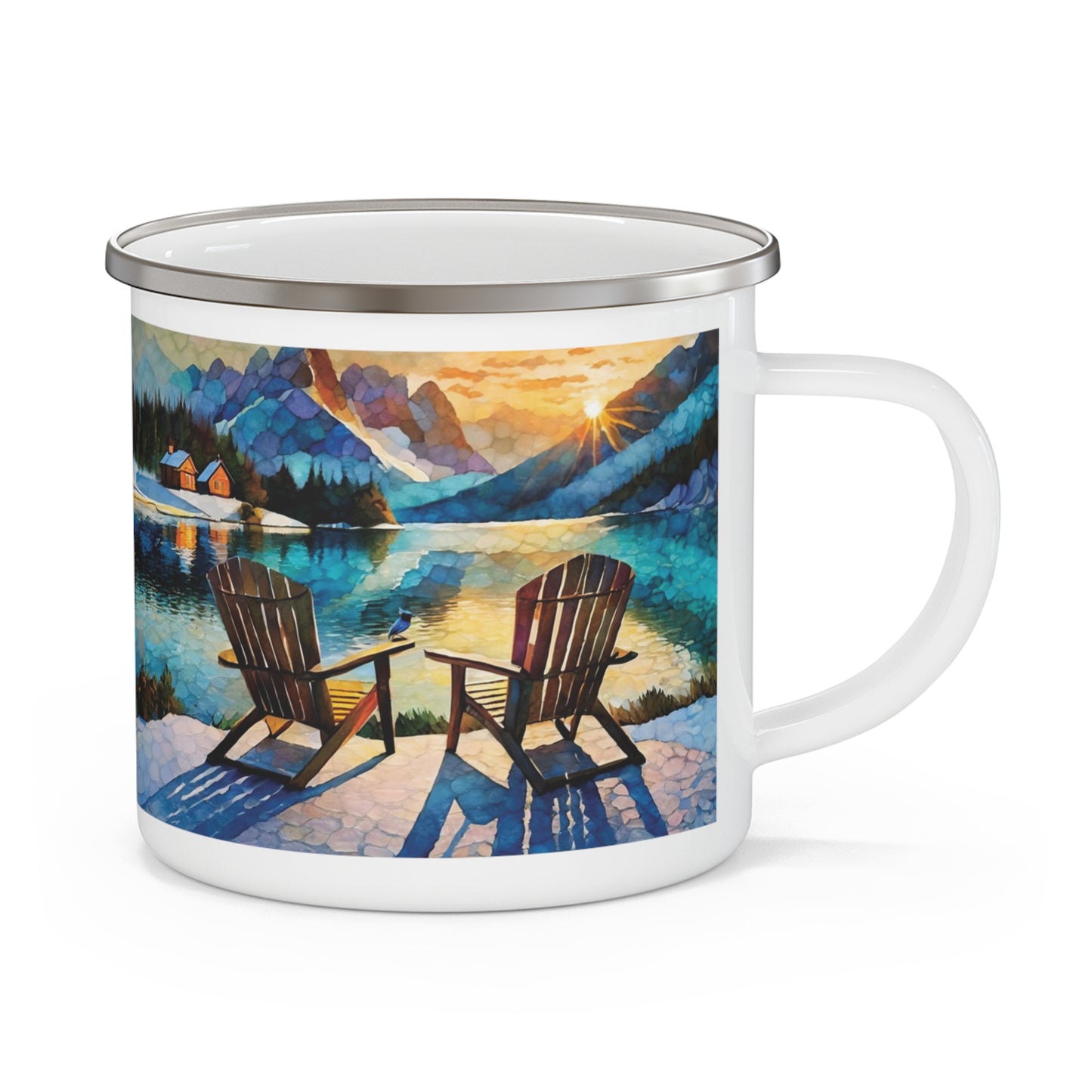 Lake Cabin Sunset Enamel Camping Mug