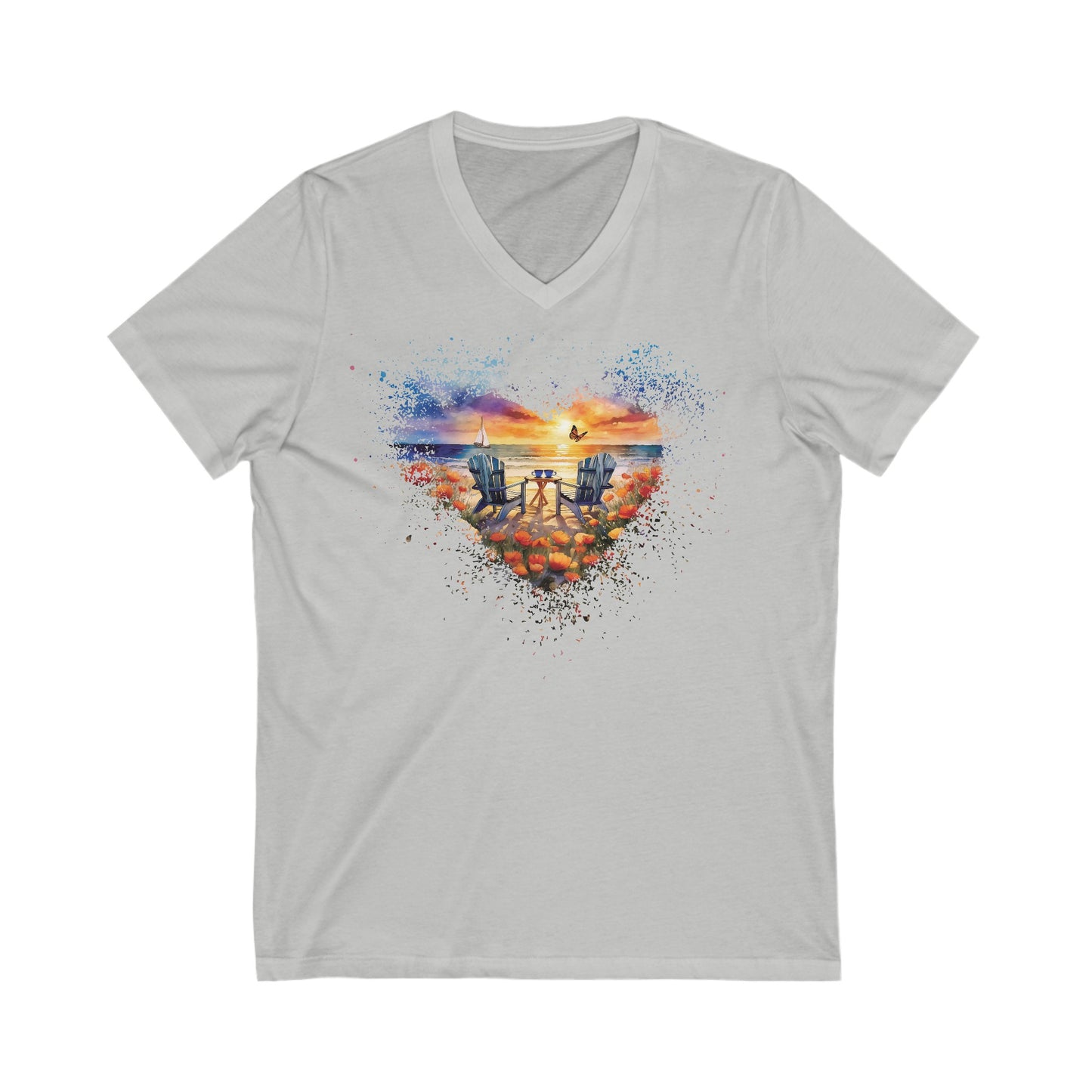 Beach Sunset Delight Tshirt Beach Lovers Butterfly Shirt Unisex Jersey Short Sleeve V-Neck Tee