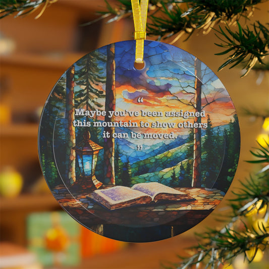 Glass Ornaments Mountain Scene Beveled Glass Ornament Light Catcher with Inspirational Quote Decorative Glass Art Holiday Ornaments