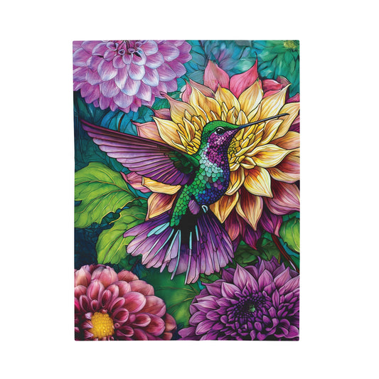 Vibrant Floral Design with Hummingbird and Dahlia Perfect Gift for Gardeners and Nature Lovers Plush Blanket