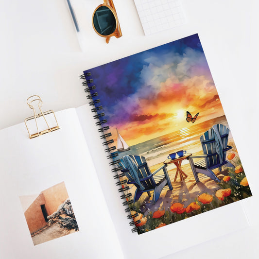 Beach Sunset Spiral Notebook  Ruled Line Journal Sketchbook Planner Diary Adirondack Chairs Coffee Cups