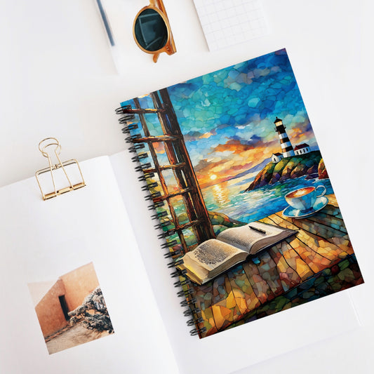 Nautical Spiral Journal Ruled Line Beach View Lighthouse Notebook Writers Gift Coffee Lover Diary Travel Journal Ocean Theme Planner