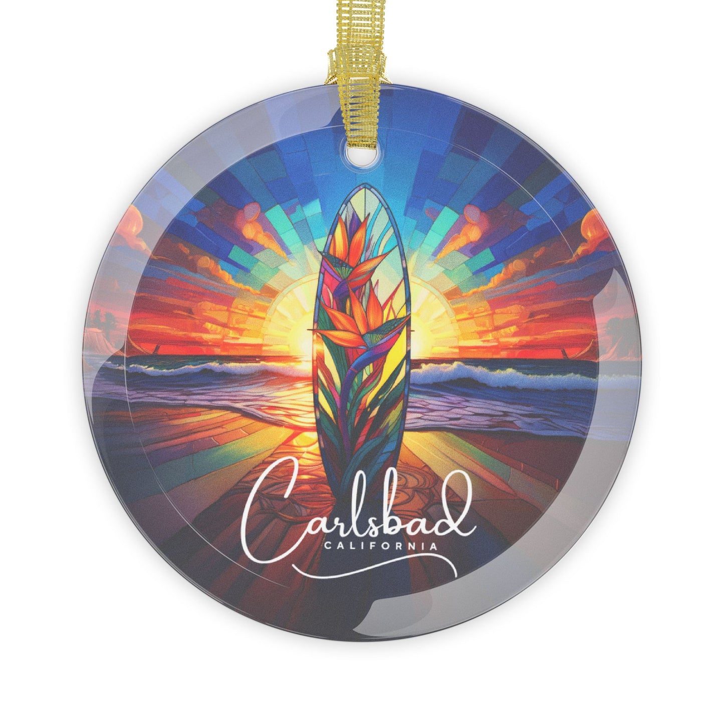 Beveled Glass Surfboard Ornament Stained Glass Sunset Beach Scene Perfect Gift for Carlsbad Beach Lovers and Surf Lover Light Catcher