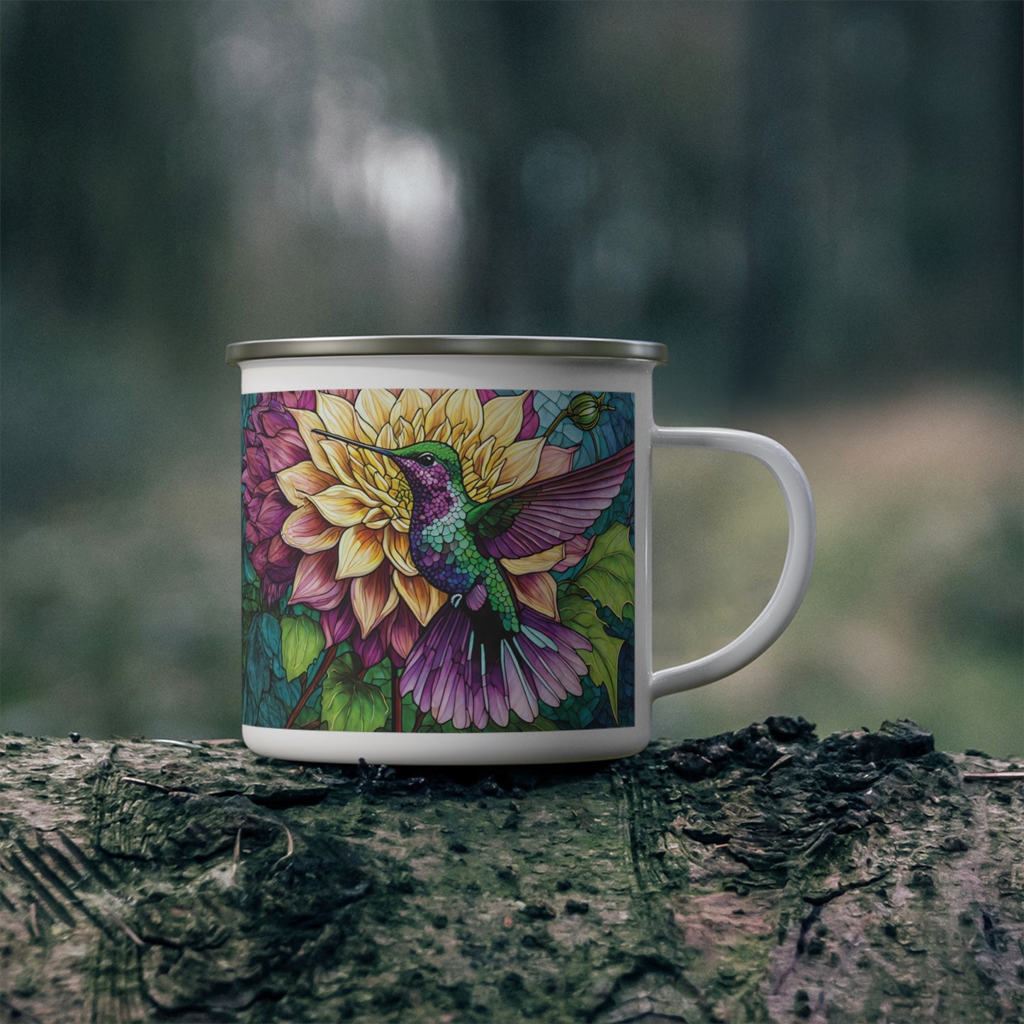 Hummingbird Dahlia Garden Enamel Camping Mug