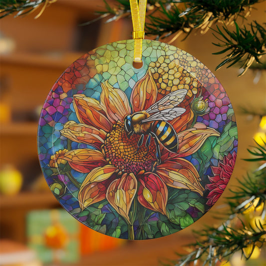 Beveled Glass Ornament Light Catcher Bee on Sunflower with Blue and Green Hues Perfect Gift for Bee Lovers and Nature Enthusiasts