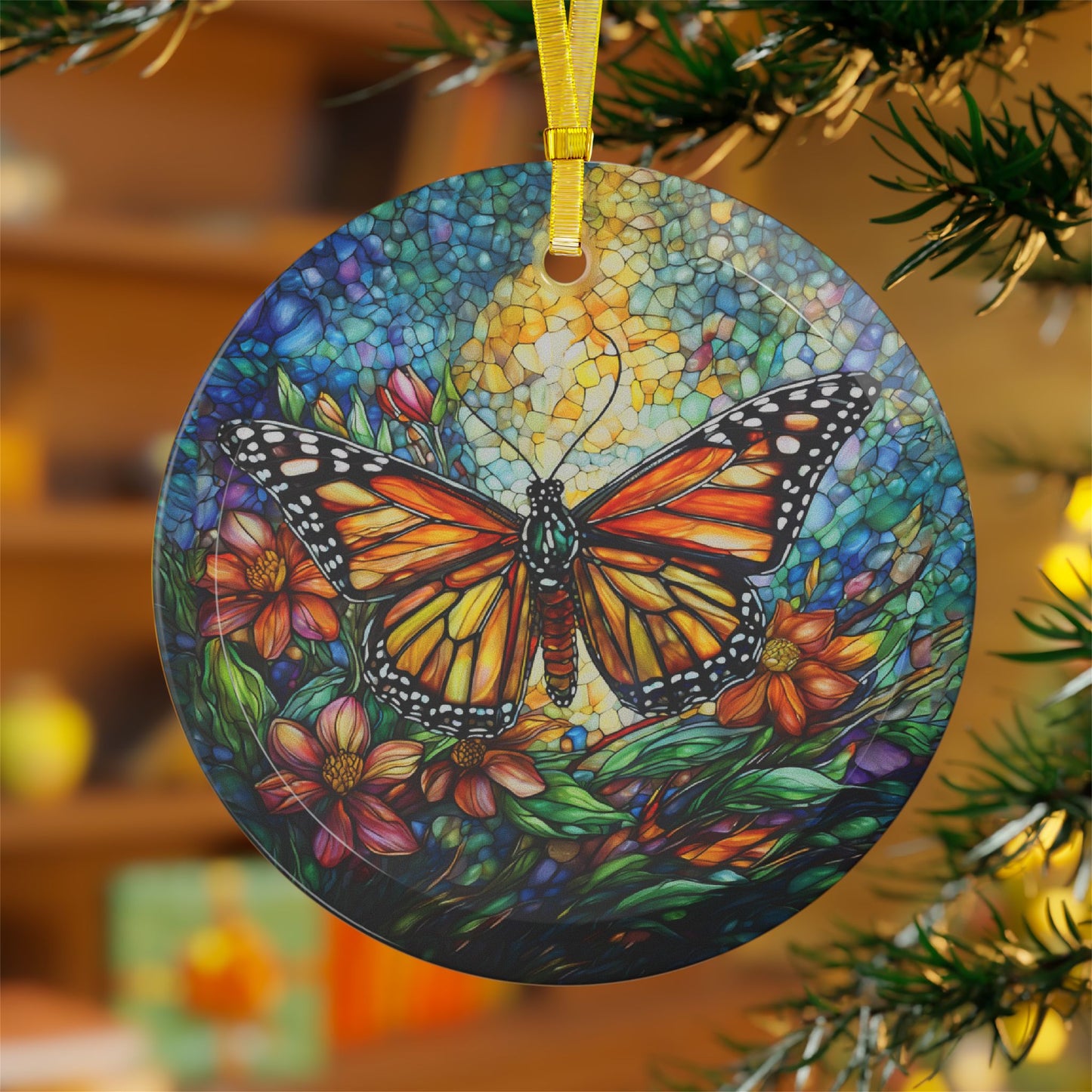 Beveled Glass Ornament Light Catcher Monarch Butterfly with Stained Glass Garden at Sunset Perfect Gift for Gardeners and Butterfly Lovers