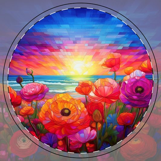 Stained Glass Ranuncula Flower Sunset Ceramic Coaster