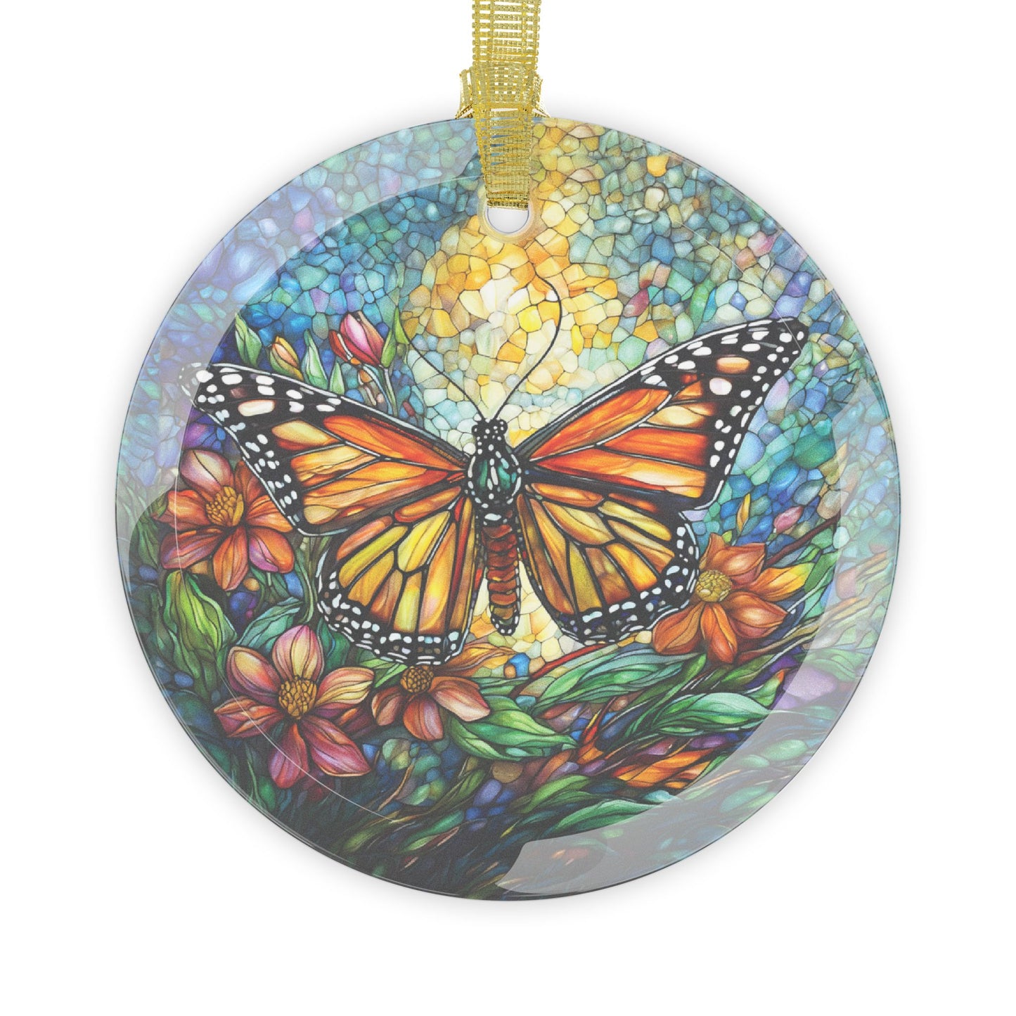 Beveled Glass Ornament Light Catcher Monarch Butterfly with Stained Glass Garden at Sunset Perfect Gift for Gardeners and Butterfly Lovers