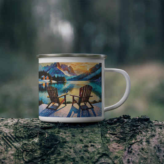 Lake Cabin Sunset Enamel Camping Mug