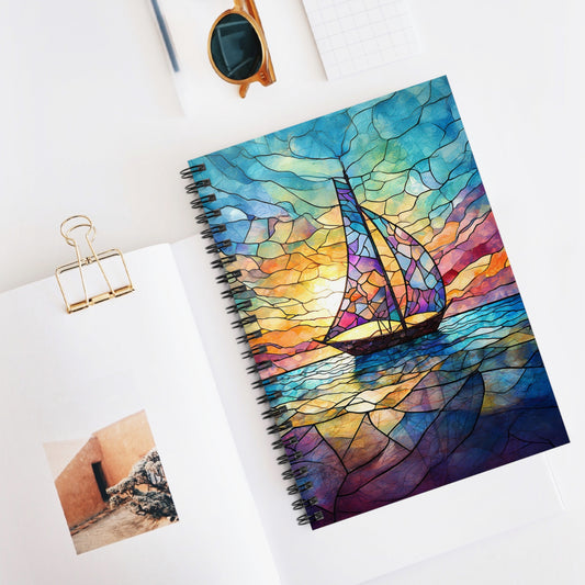 Spiral Notebook Sailboat Notebook Nautical Stationery Stained Glass Journal Colorful Diary Ocean Theme Notebook