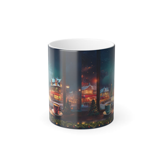 Color Morphing Mug Christmas Village Scene Coffee Mug Heat Sensitive Ceramic Cup Holiday Gift Nostalgic Christmas Village Unique Color