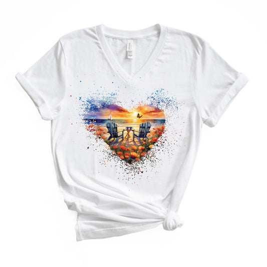 Beach Sunset Delight Tshirt Beach Lovers Butterfly Shirt Unisex Jersey Short Sleeve V-Neck Tee