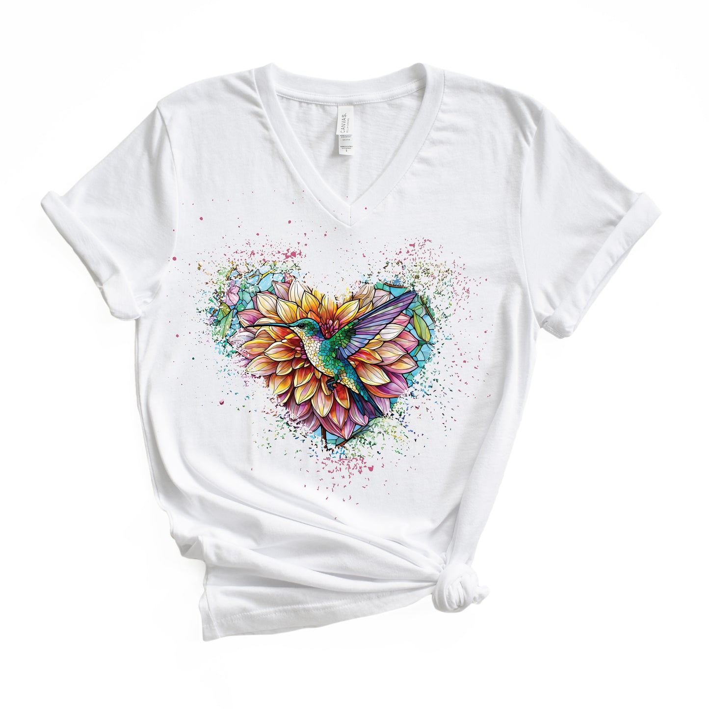 Dahlia Hummingbird Tshirt Garden Lovers Shirt Jersey Short Sleeve V-Neck Tee