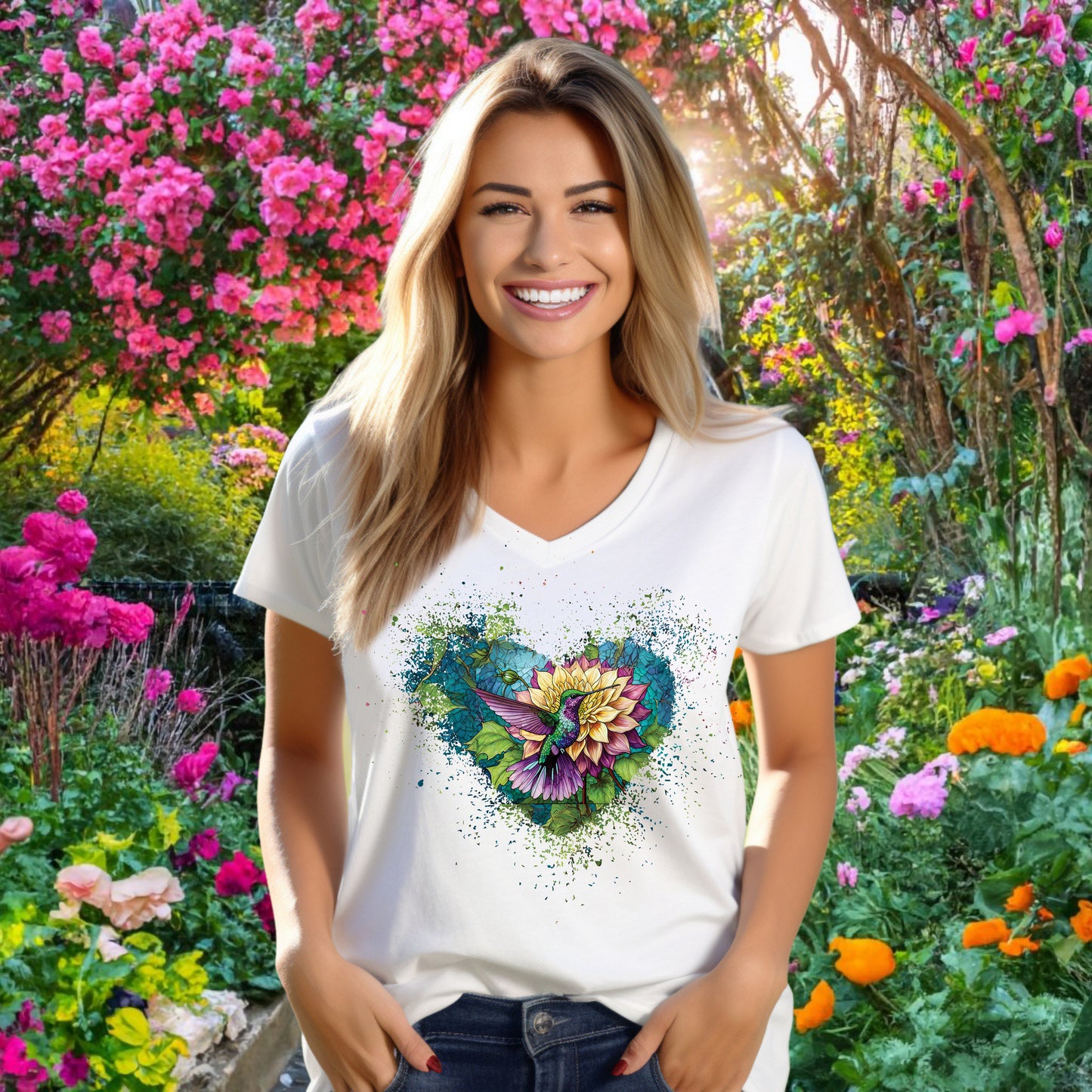 Stained Glass Hummingbird Tshirt Garden Lovers Shirt Jersey Short Sleeve V-Neck Tee